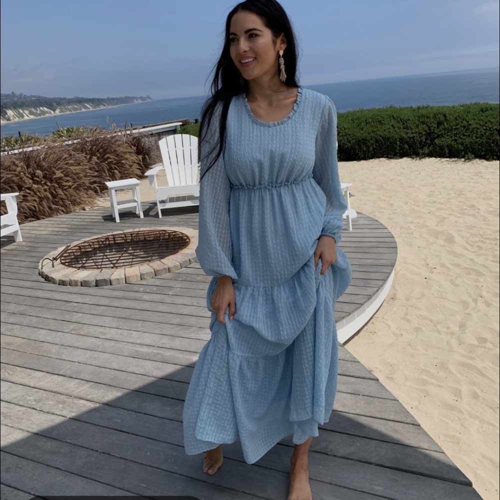 RACHEL PARCELL XXS Tiered Long Sleeve Maxi Dress Blue Longsleeve